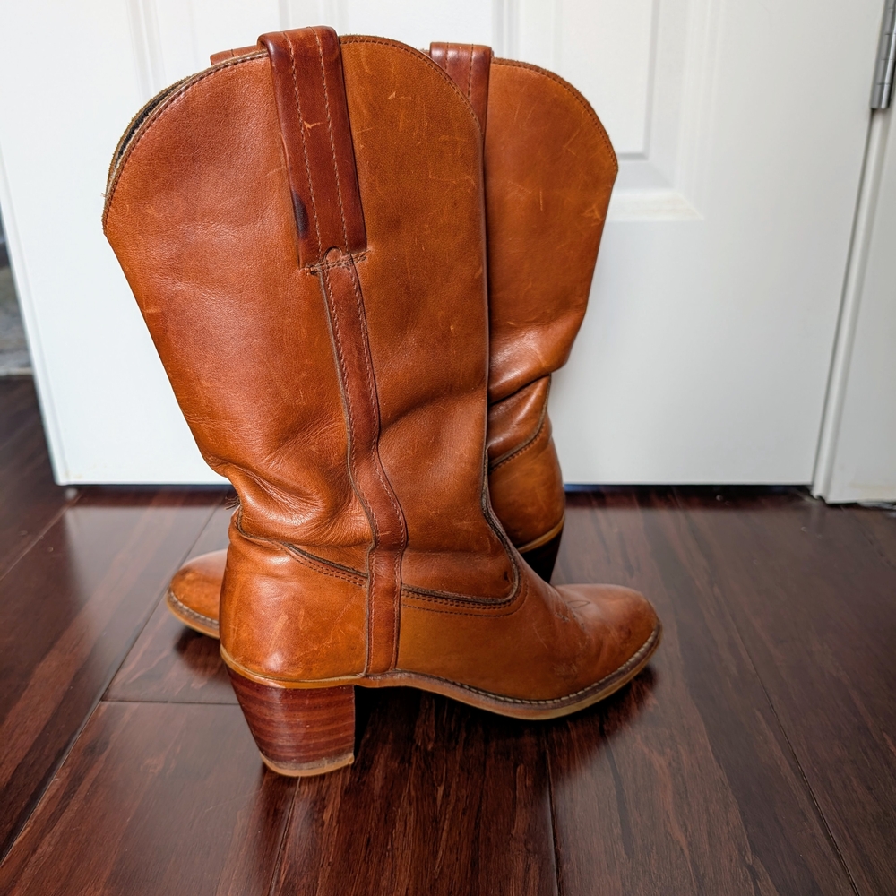 Vintage 70's Cognac Leather Dexter Stacked Heel Cowboy Boots Women's Size 8 - Picture 3 of 7